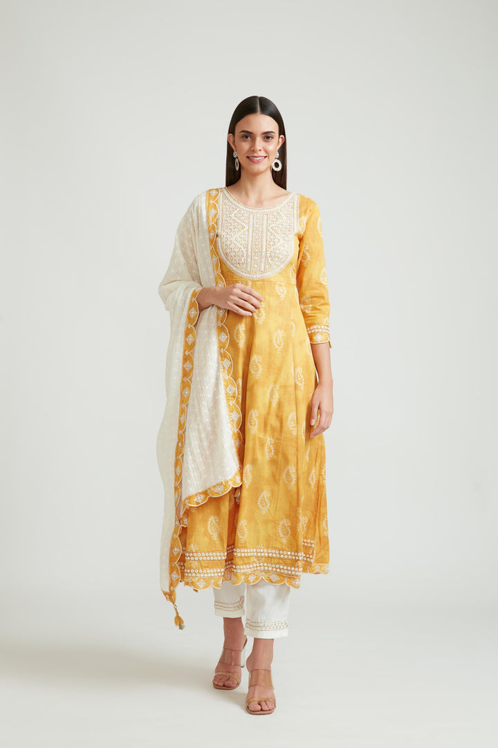 Neerus Yellow cotton kurta set - front view