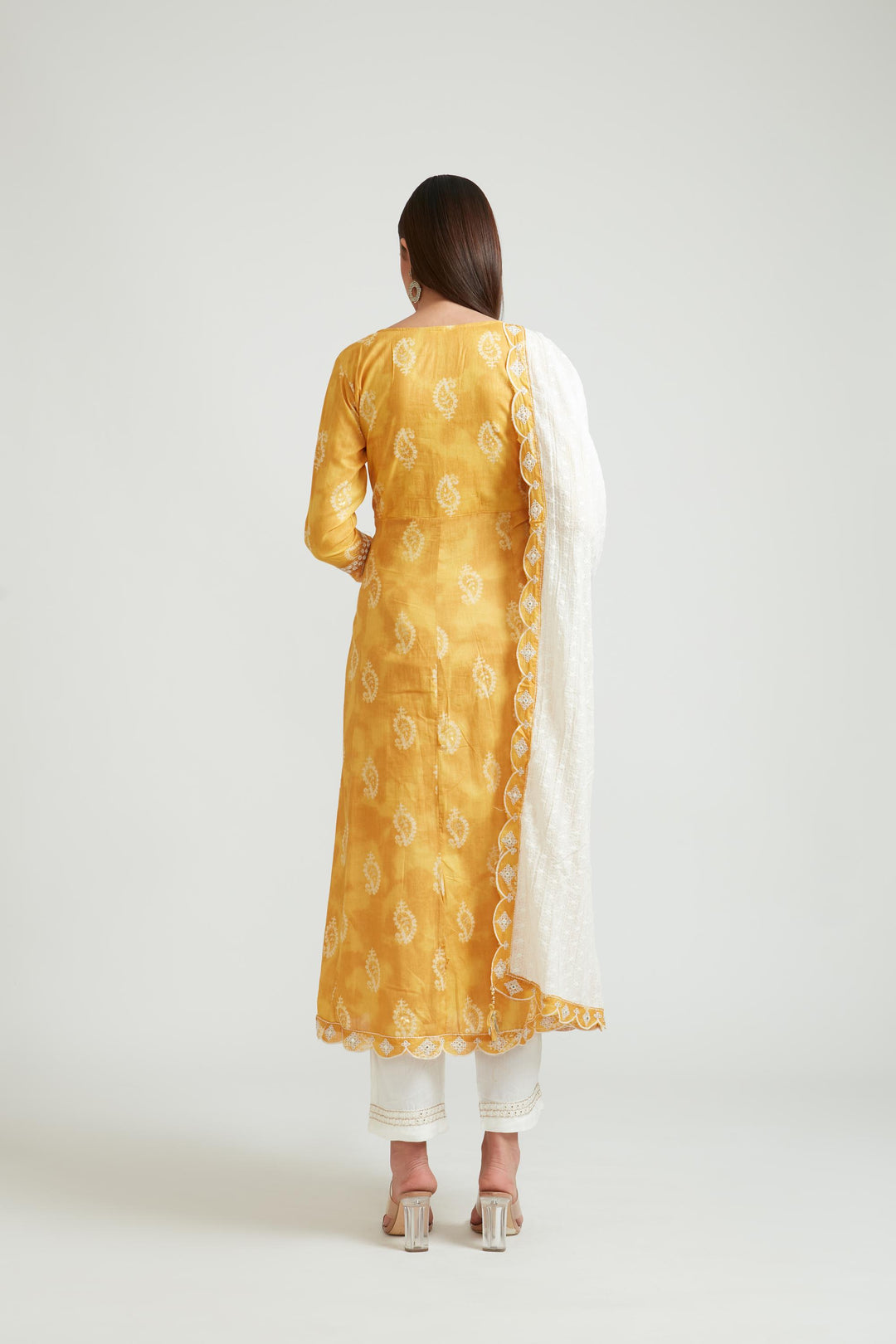 Neerus Yellow cotton kurta set - back view
