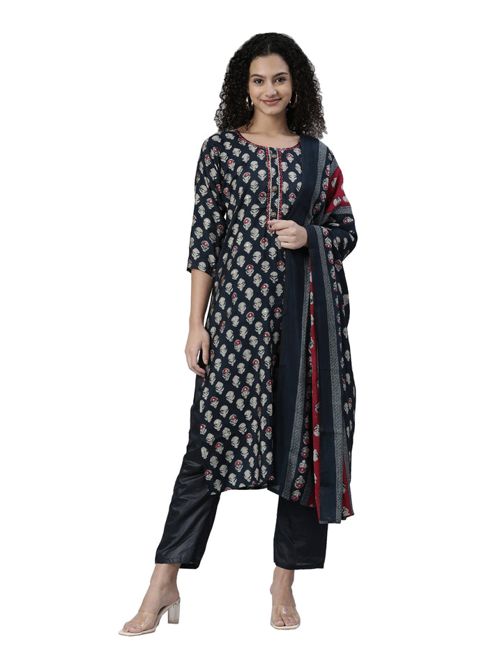 Neerus Navy Blue Regular Knee Length Printed Kurta Solid Trousers With Dupatta