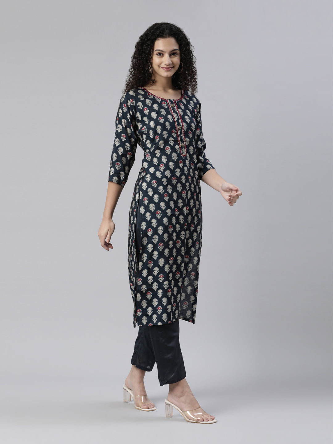 Neerus Navy Blue Regular Knee Length Printed Kurta Solid Trousers With Dupatta