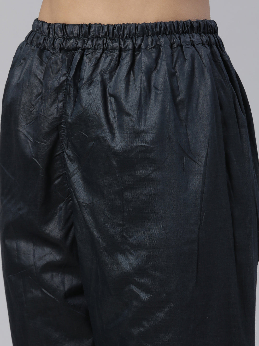 Neerus Navy Blue Regular Knee Length Printed Kurta Solid Trousers With Dupatta