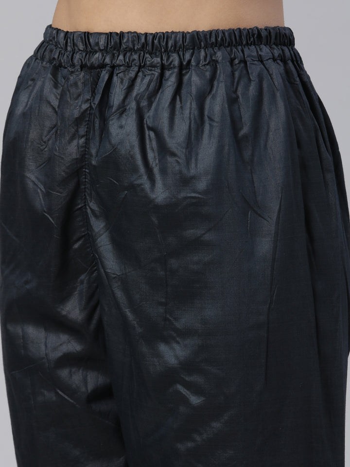 Neerus Navy Blue Regular Knee Length Printed Kurta Solid Trousers With Dupatta