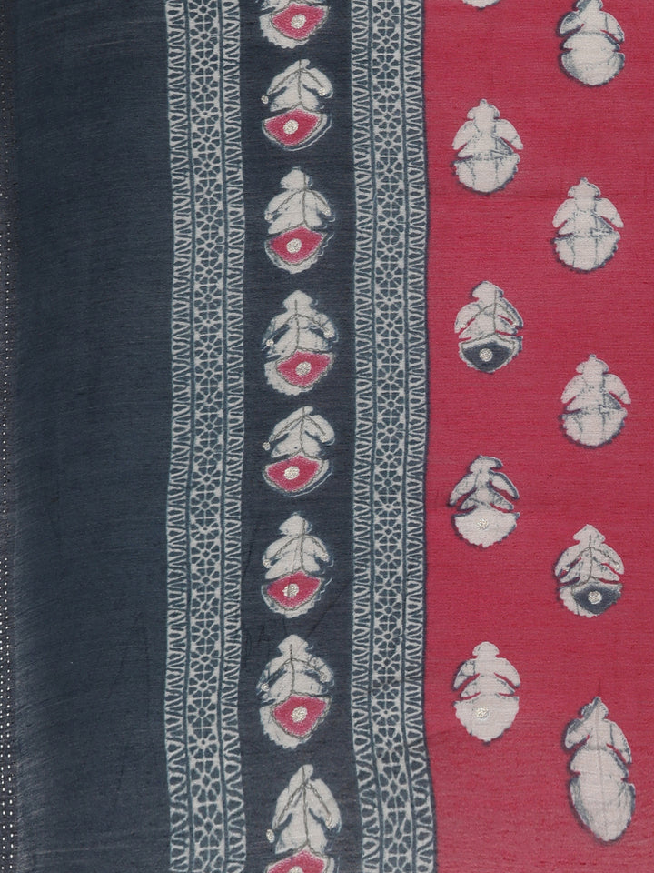 Neerus Navy Blue Regular Knee Length Printed Kurta Solid Trousers With Dupatta