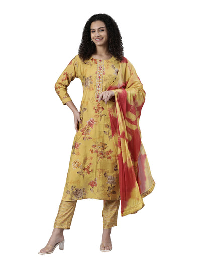 Neerus Mustard Regular Knee Length Printed Kurta Printed Trousers With Dupatta