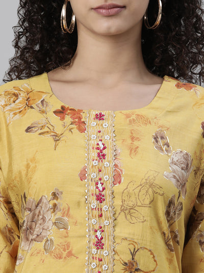 Neerus Mustard Regular Knee Length Printed Kurta Printed Trousers With Dupatta