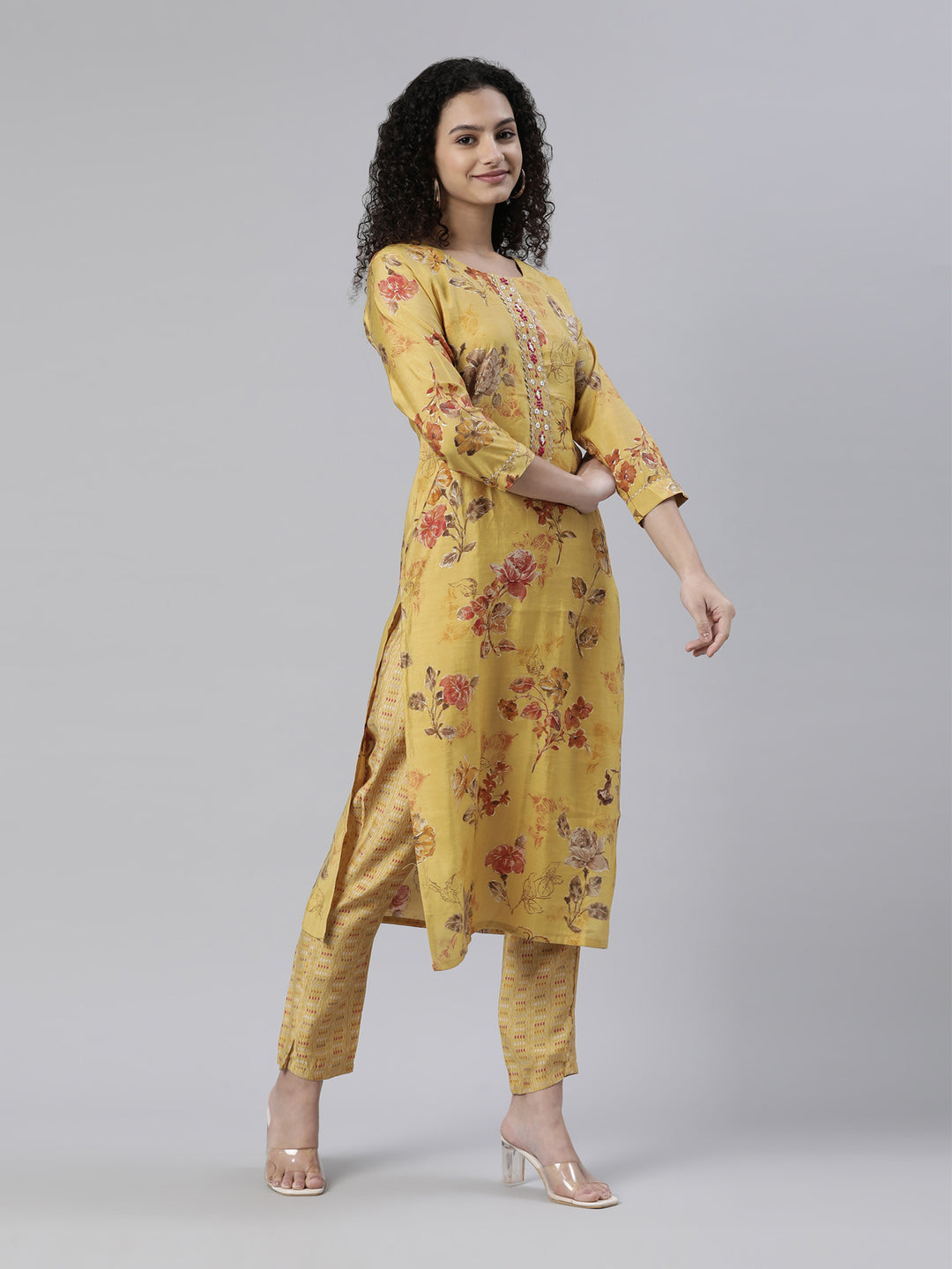 Neerus Yellow jute cotton printed kurta set with trousers and dupatta - back view