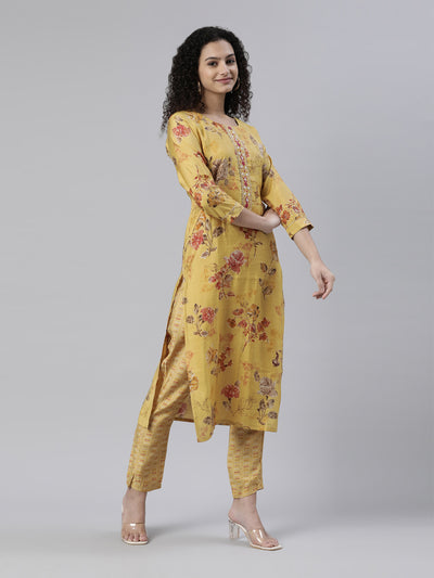 Neerus Mustard Regular Knee Length Printed Kurta Printed Trousers With Dupatta