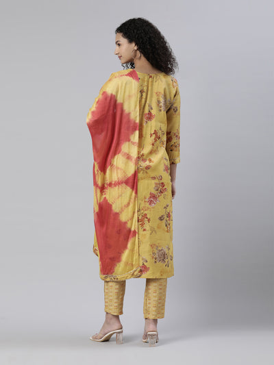 Neerus Mustard Regular Knee Length Printed Kurta Printed Trousers With Dupatta