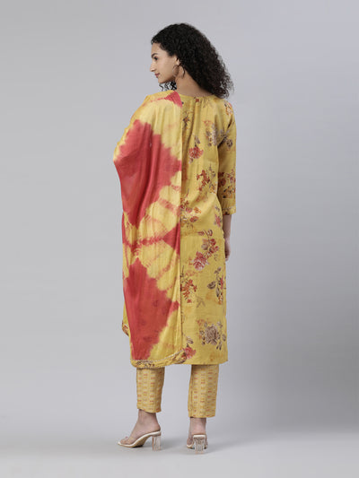 Neeru's Mustard Regular Knee Length Printed Kurta Printed Trousers With Dupatta