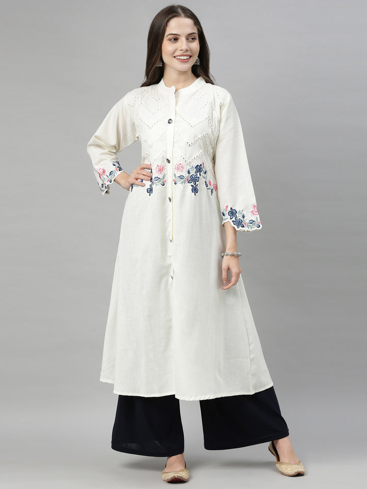 Neerus White Embroidered A Line Kurta