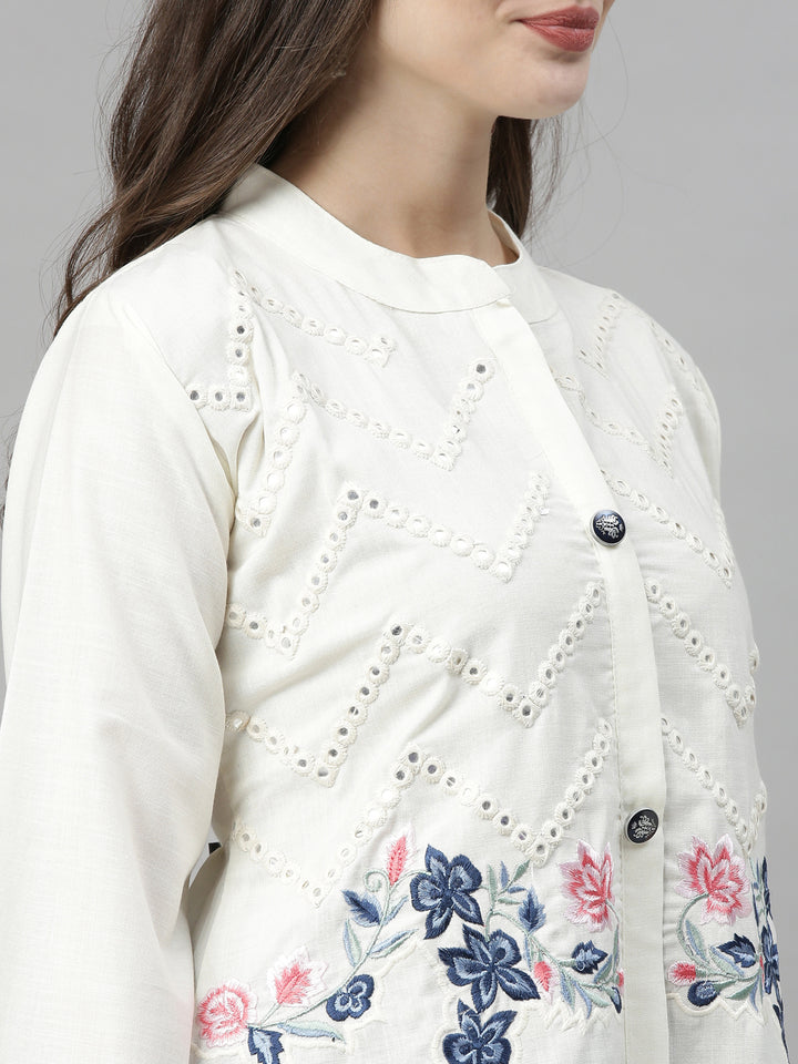 Neerus White Embroidered A Line Kurta