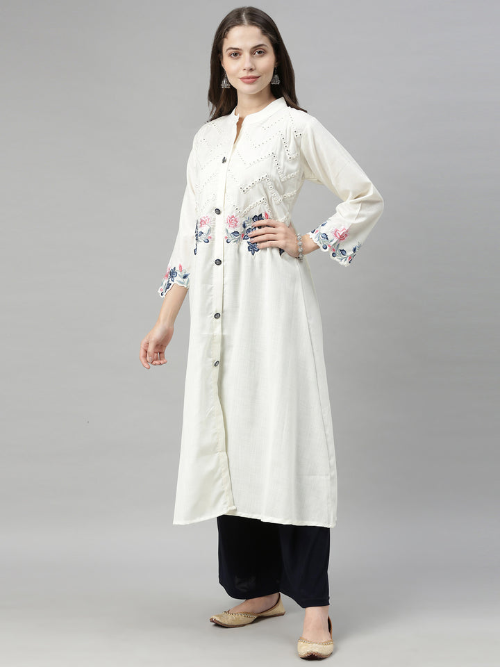 Neerus White Embroidered A Line Kurta