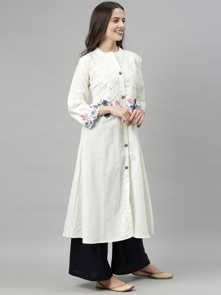 Neerus White Embroidered A Line Kurta