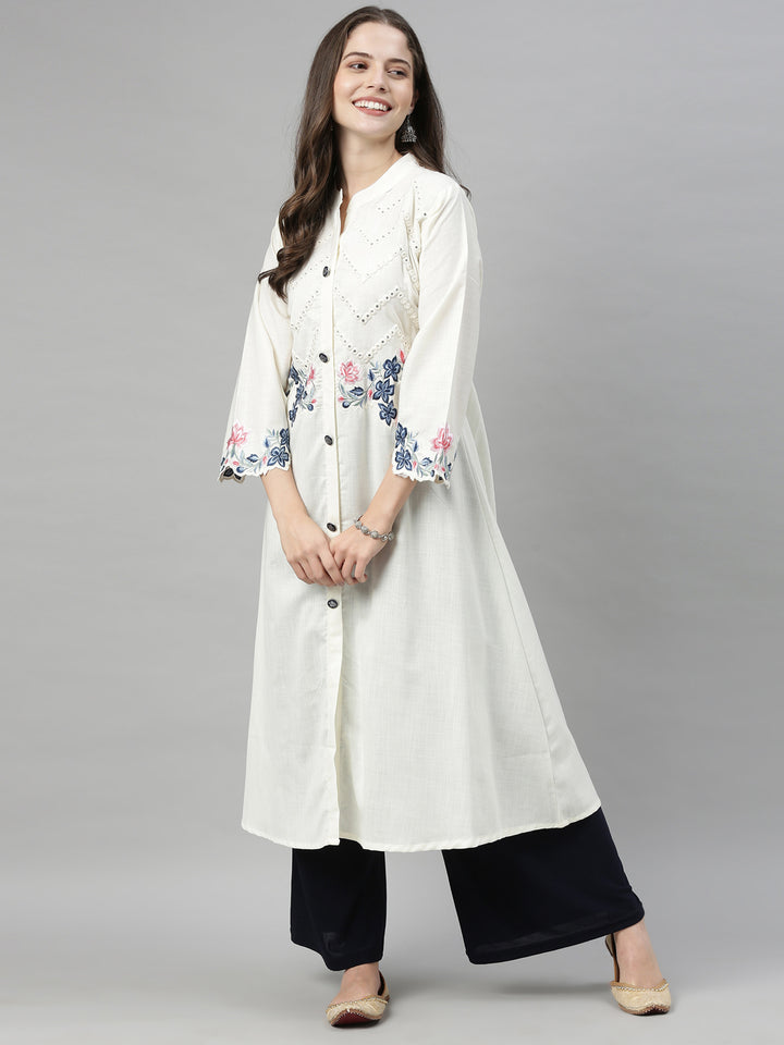 Neerus White Embroidered A Line Kurta