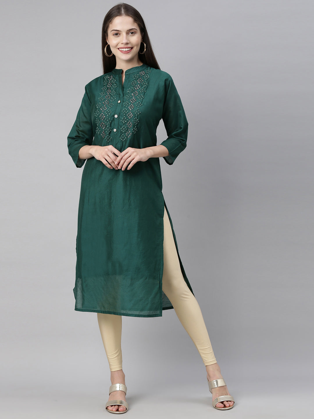 Neerus Green embellished straight kurta - front view