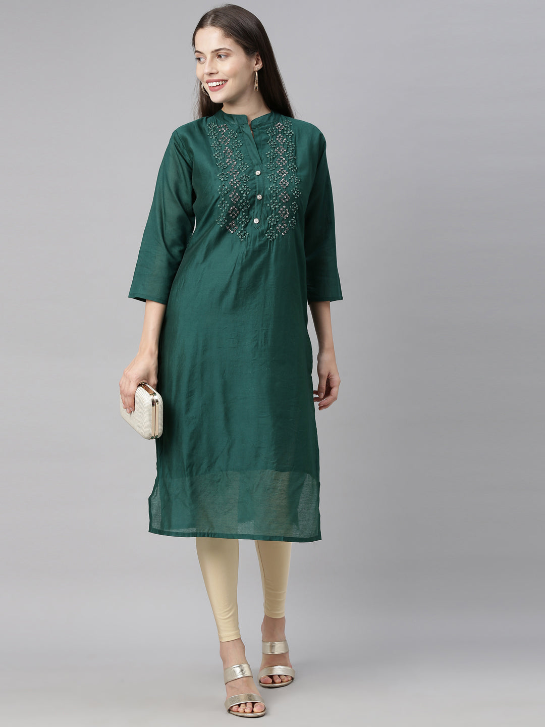 Neerus Green embellished straight kurta - detail view 4