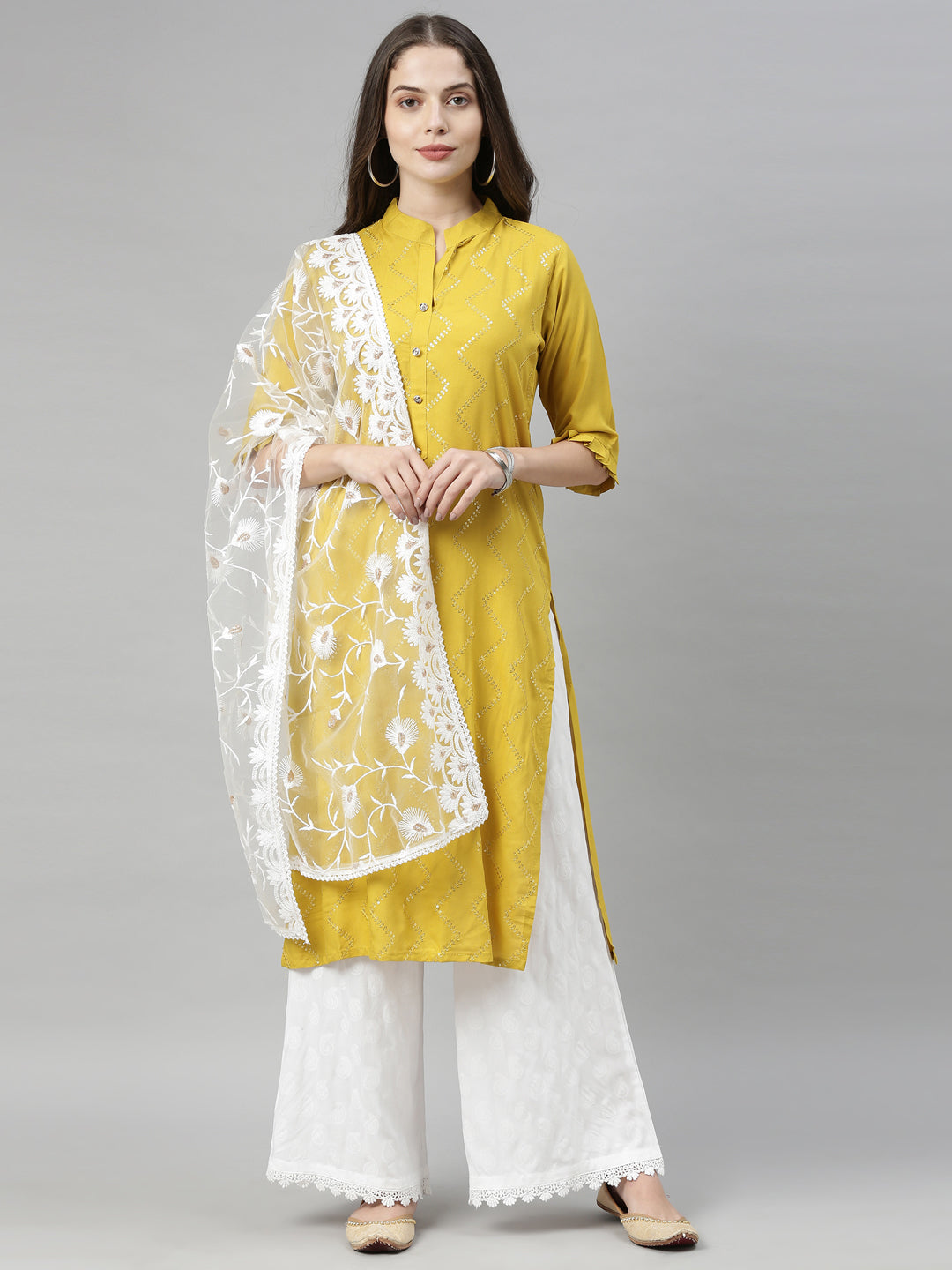 Neerus Yellow Embellished Straight Kurta