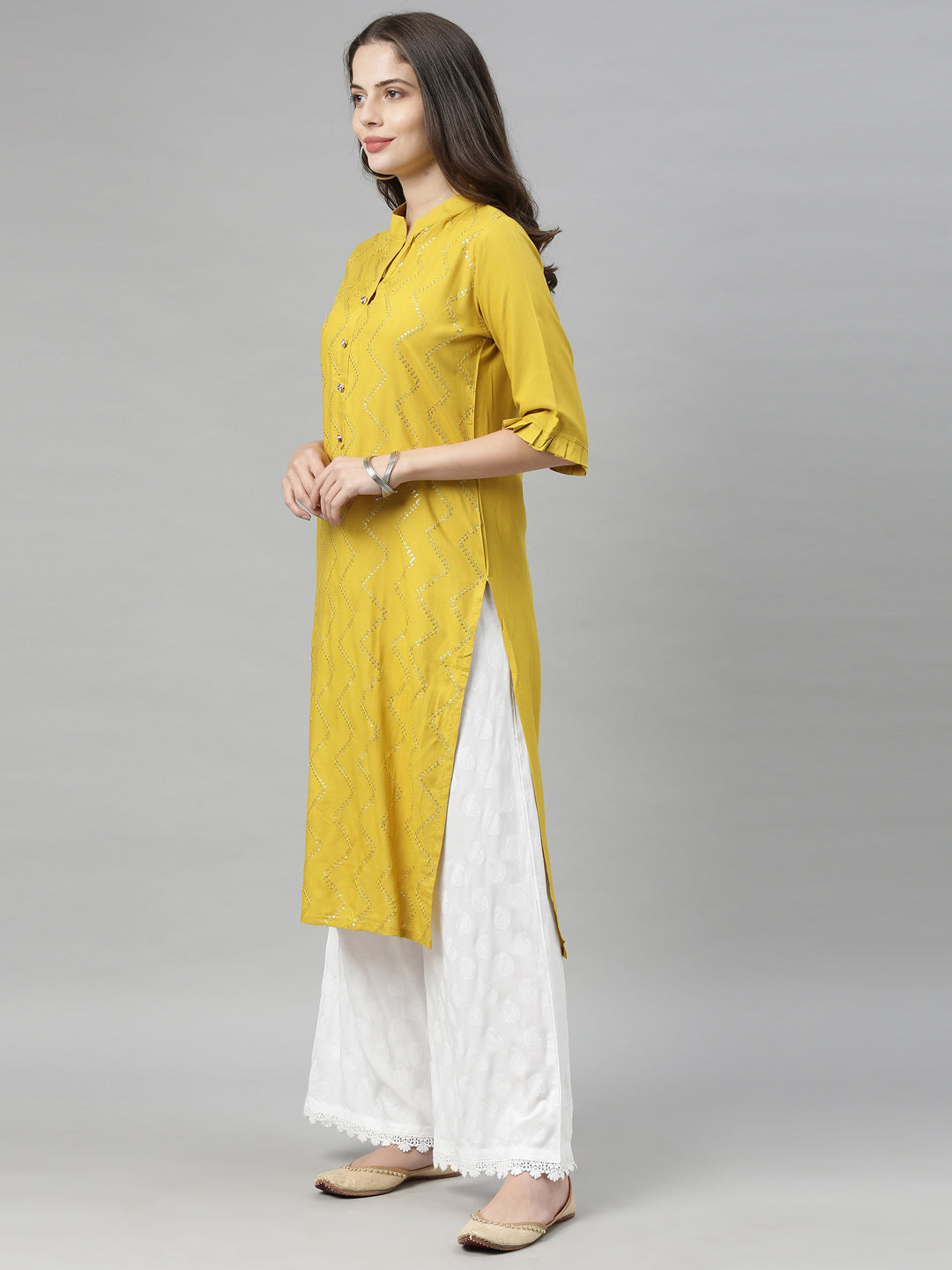 Neerus Yellow Embellished Straight Kurta