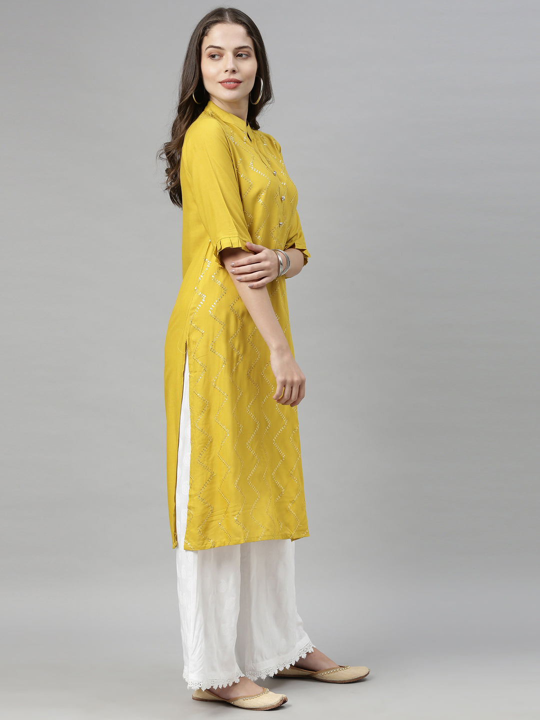 Neerus Yellow Embellished Straight Kurta