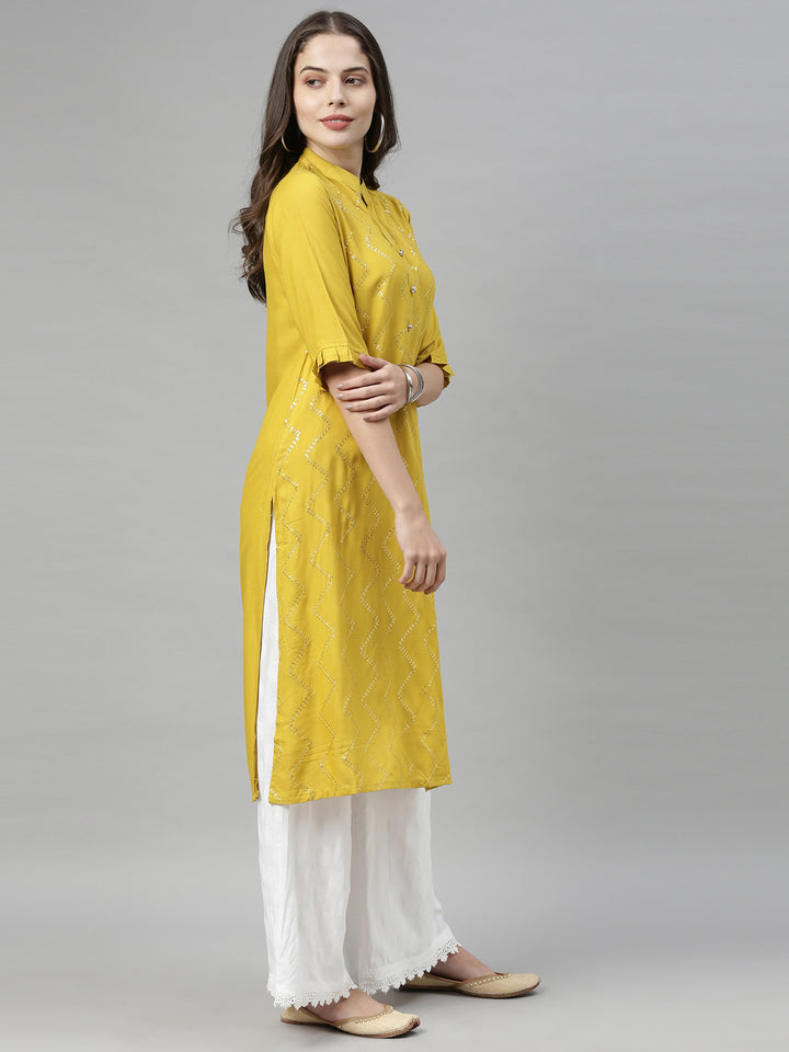 Neerus Yellow Embellished Straight Kurta