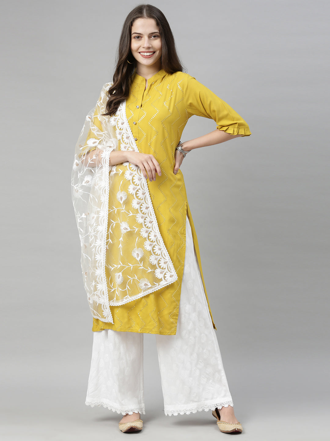 Neerus Yellow Embellished Straight Kurta