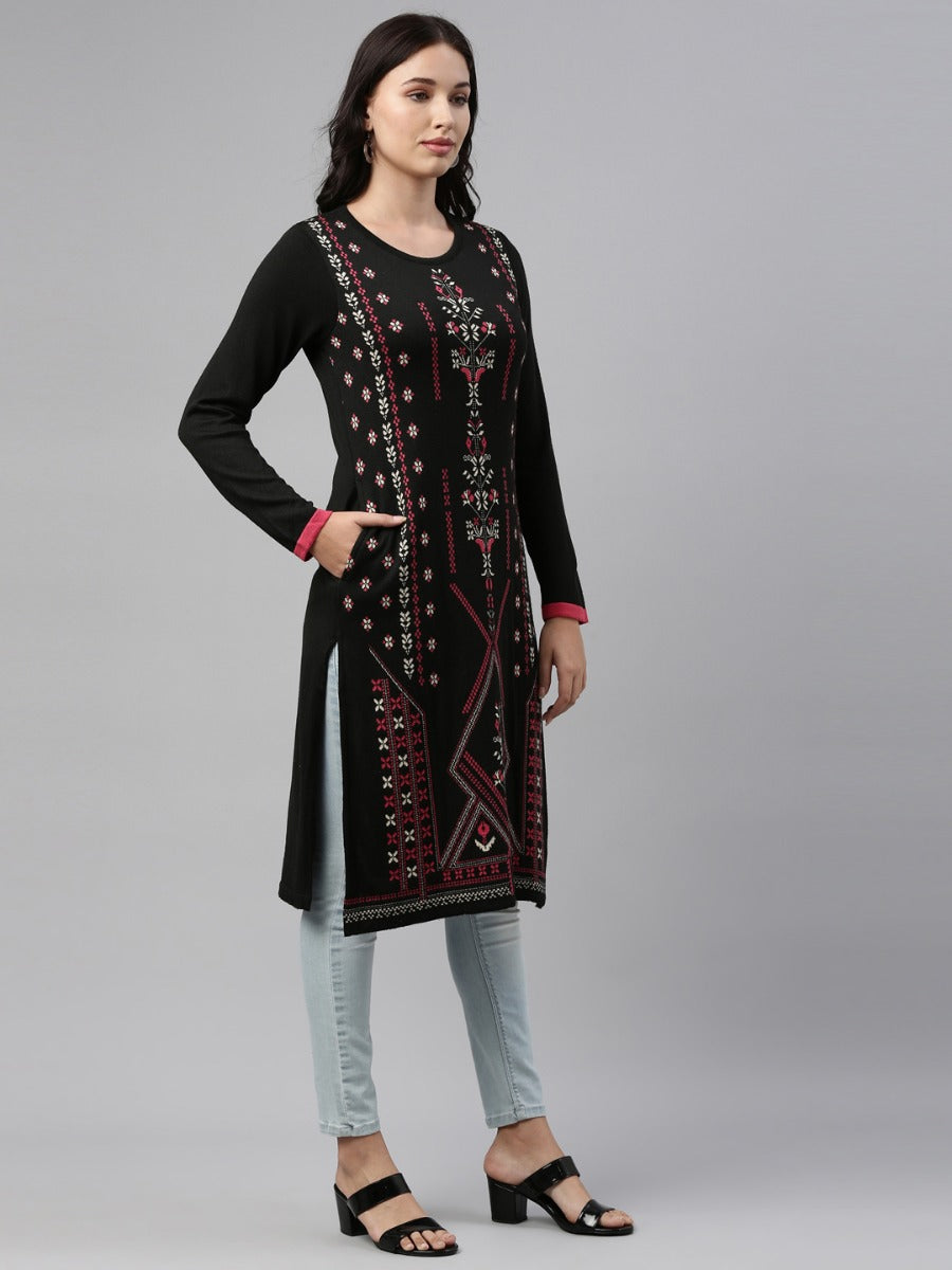 Neerus Black Color Winter Wear Kurtha