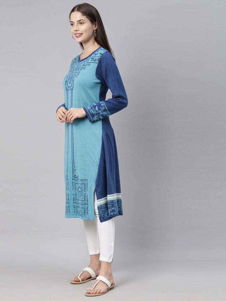 Neerus Blue acrylic printed straight kurti ethnic motifs - detail view 2