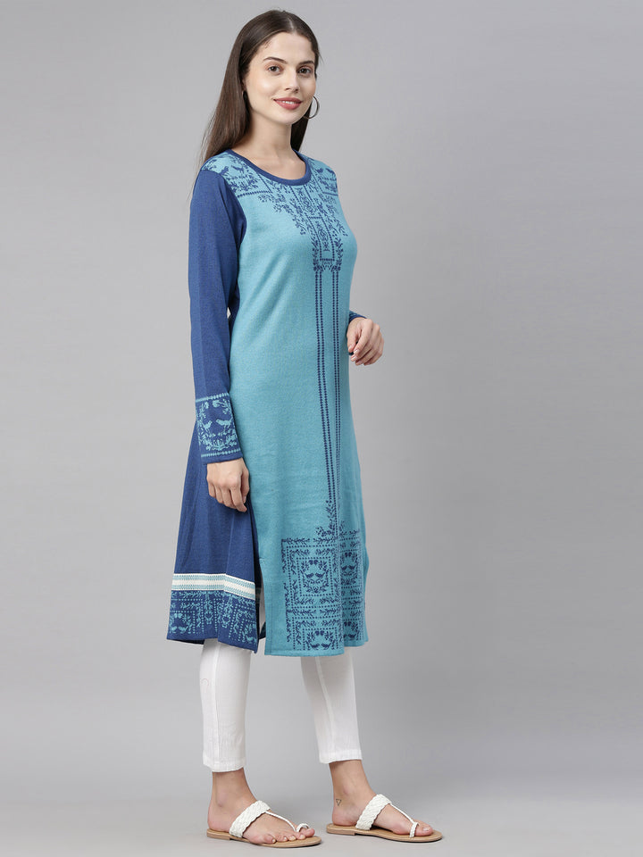 Neerus Blue acrylic printed straight kurti ethnic motifs - detail view 3