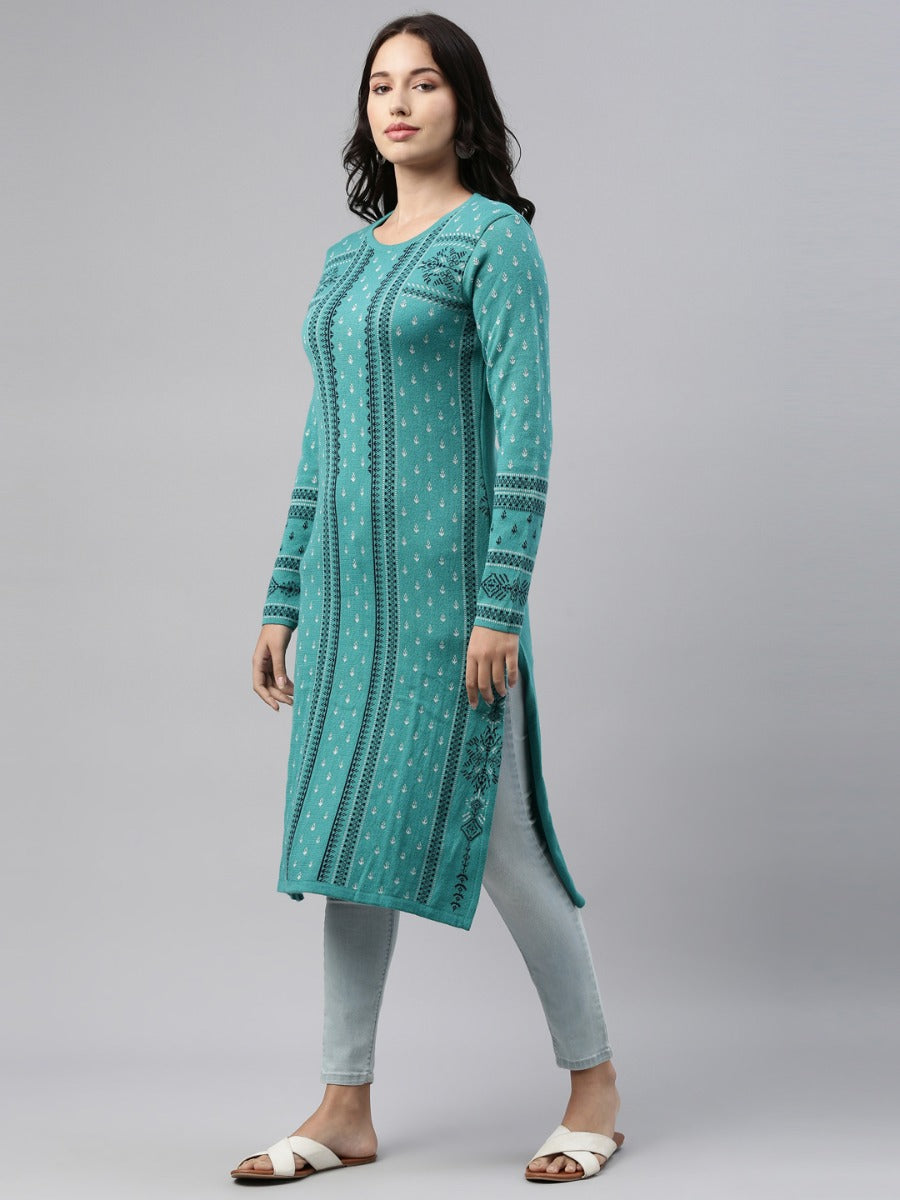 Neerus Light Green Color Winter Wear Kurtha
