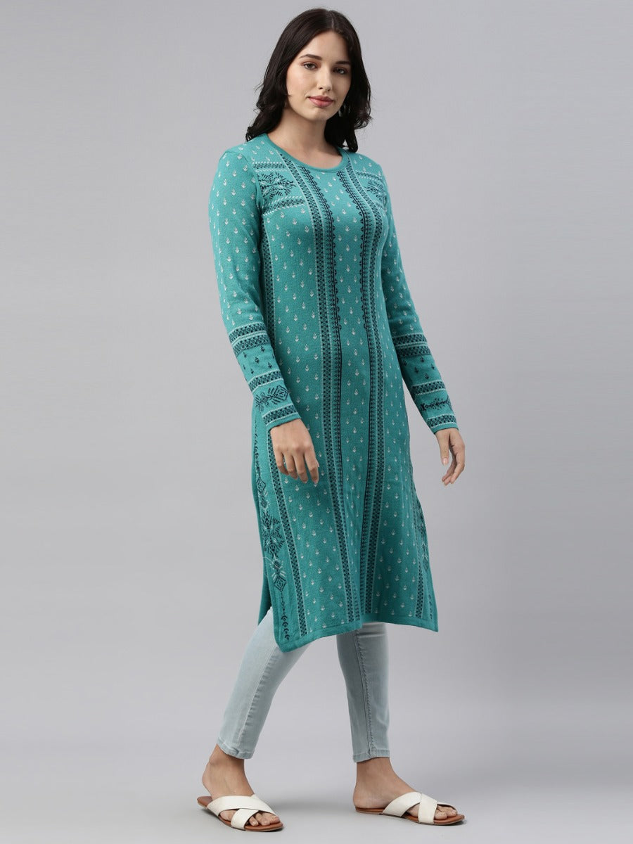 Neerus Light Green Color Winter Wear Kurtha