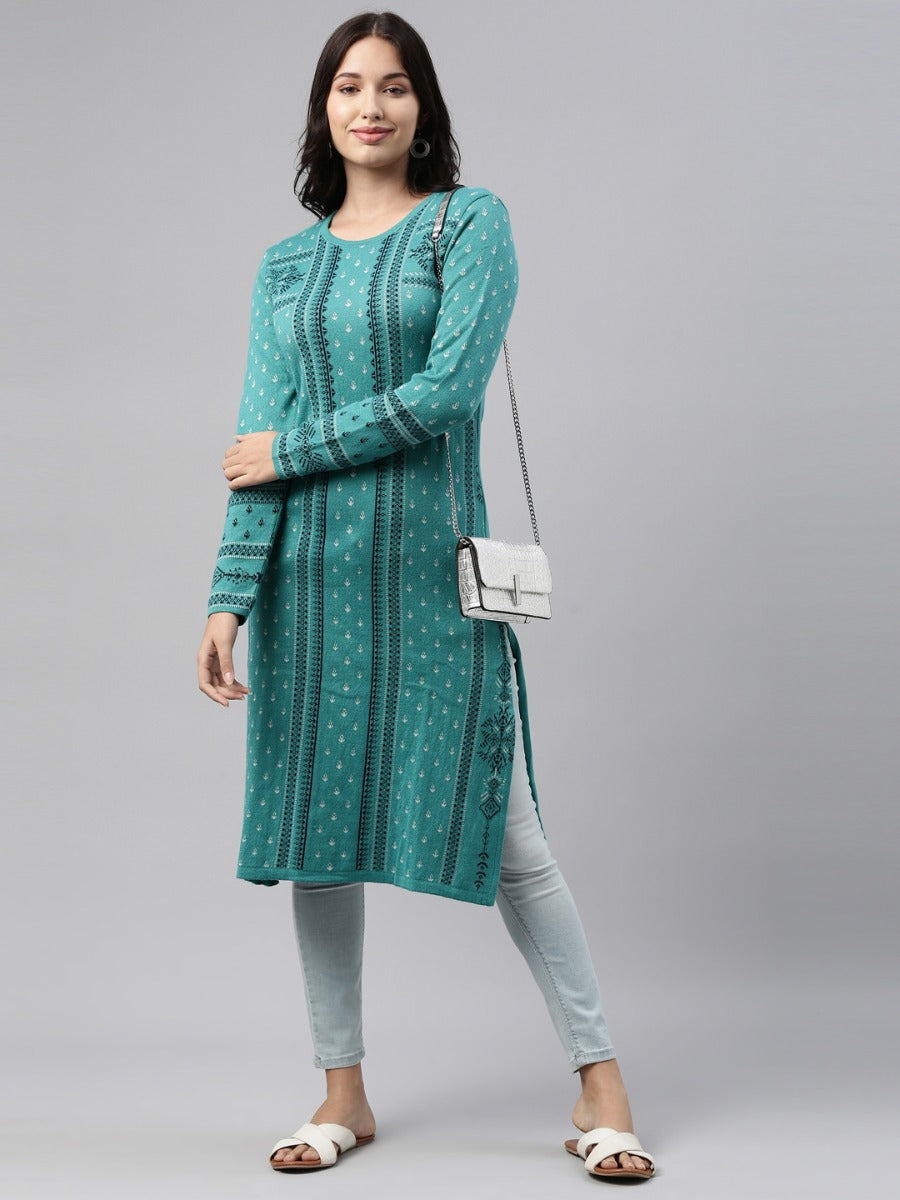 Neerus Light Green Color Winter Wear Kurtha