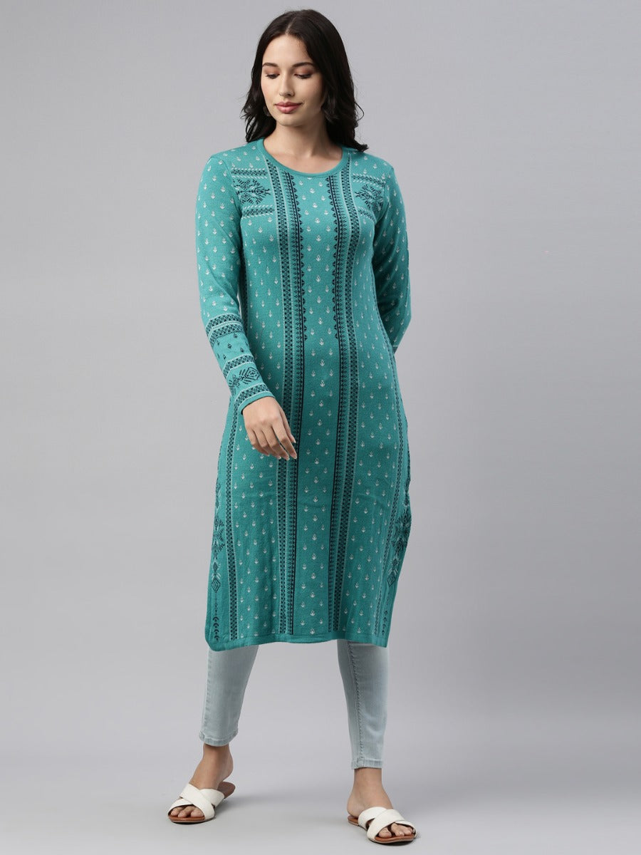 Neerus Light Green Color Winter Wear Kurtha