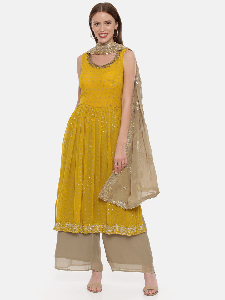 Neerus Mustard Color Georgette Fabric Sleeveless Suit-Plazzo