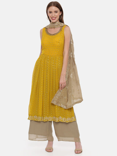 Neeru's Mustard Color Georgette Fabric Sleeveless Suit-Plazzo