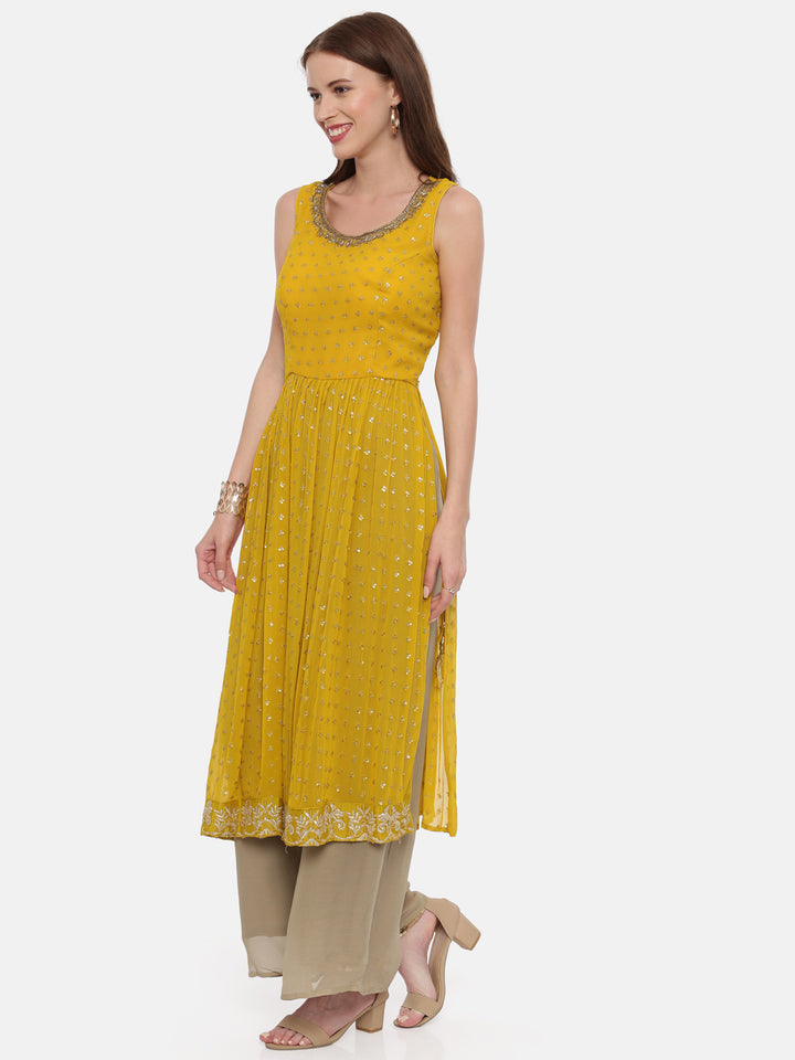 Neerus Mustard Color Georgette Fabric Sleeveless Suit-Plazzo
