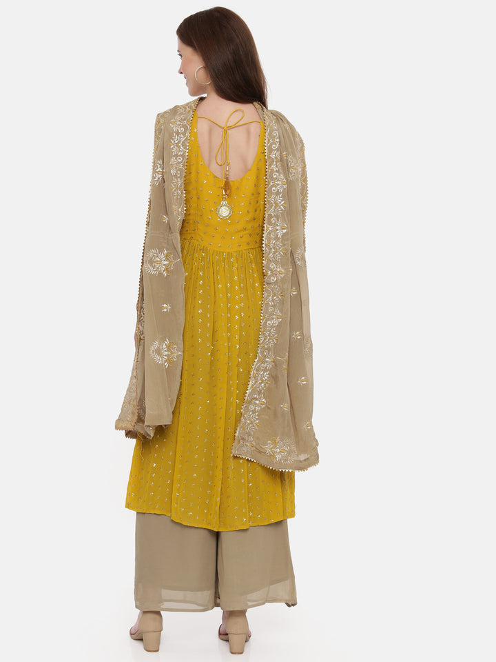 Neerus Mustard Color Georgette Fabric Sleeveless Suit-Plazzo
