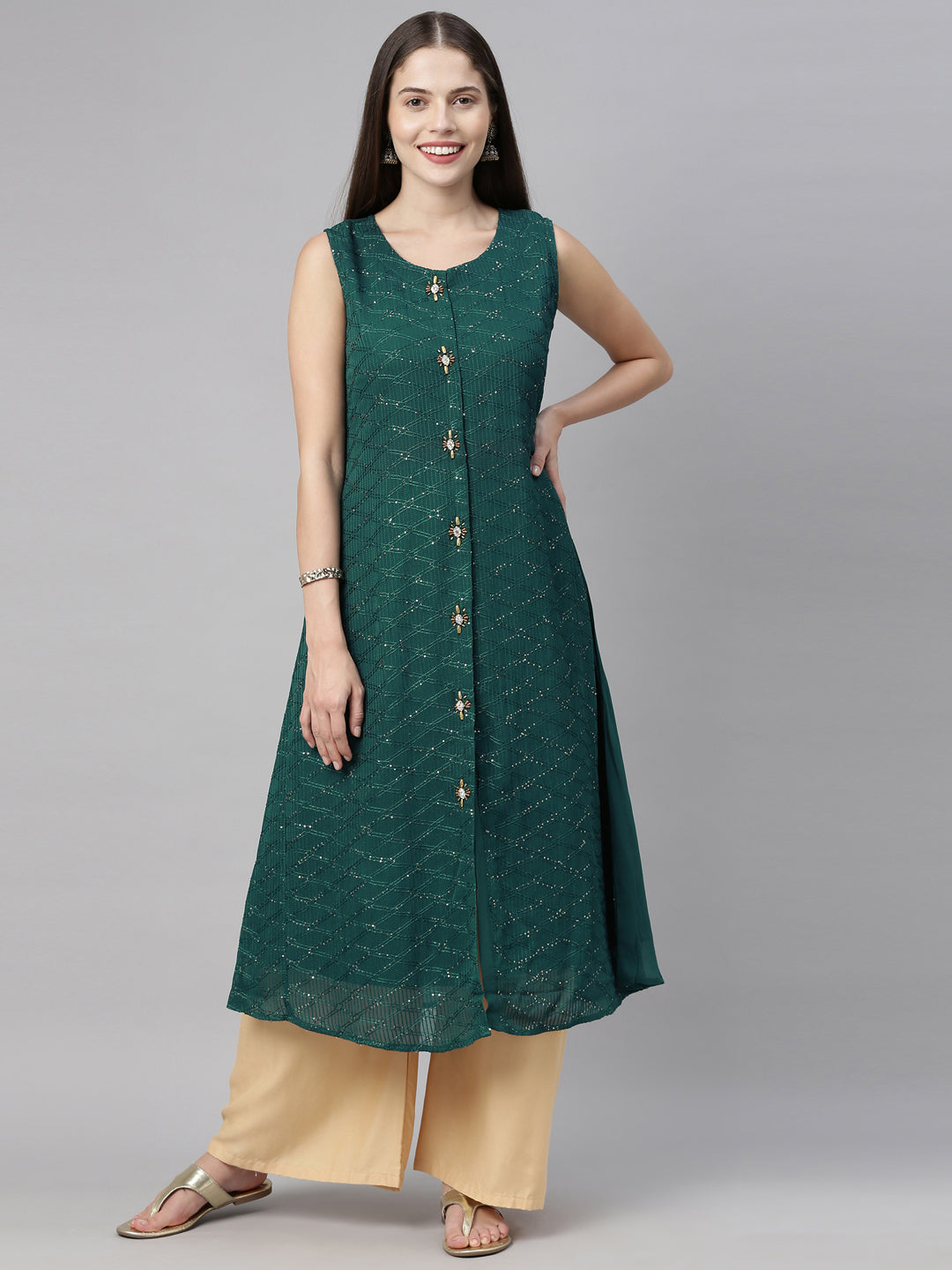 Neerus Green Embellished A Line Kurta