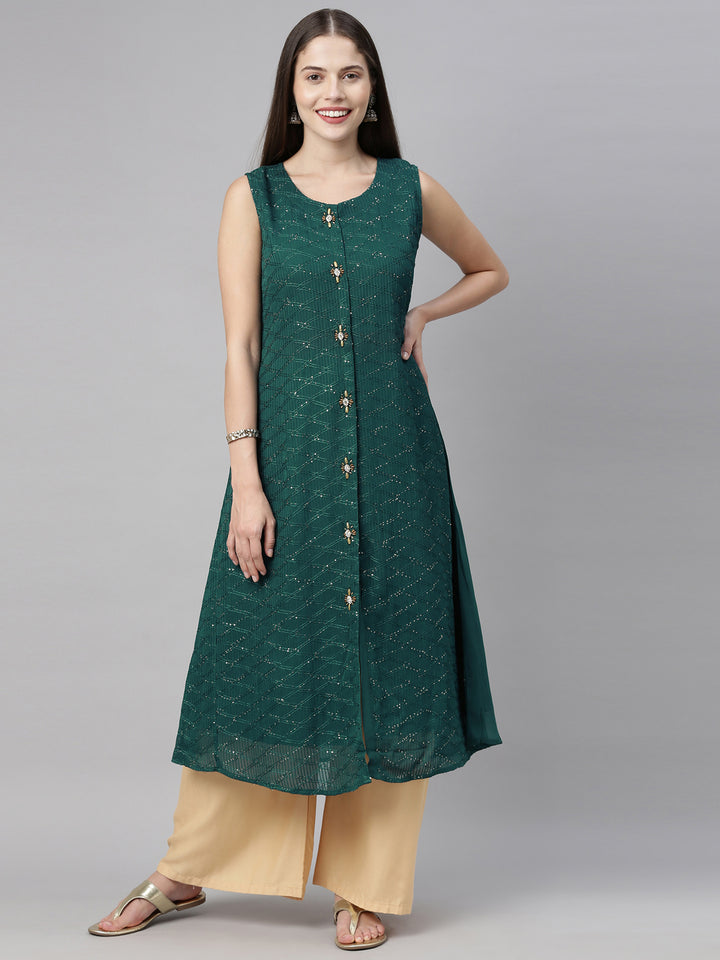 Neerus Green Embellished A Line Kurta