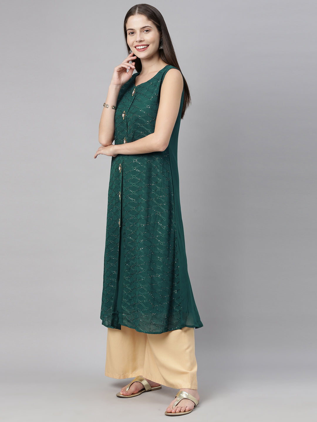 Neerus Green Embellished A Line Kurta