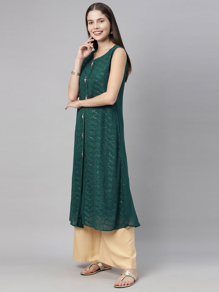 Neerus Green Embellished A Line Kurta