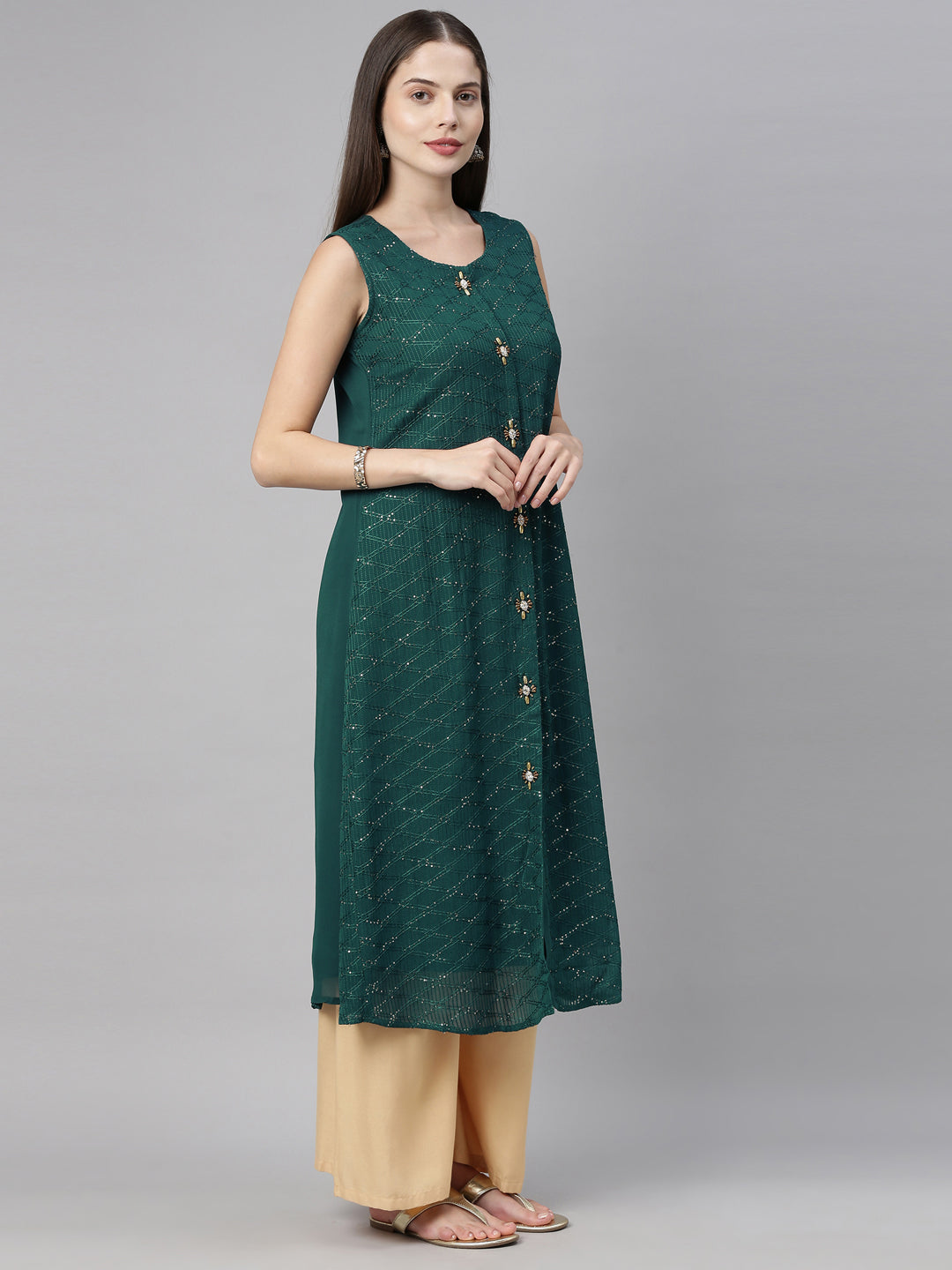 Neerus Green Embellished A Line Kurta