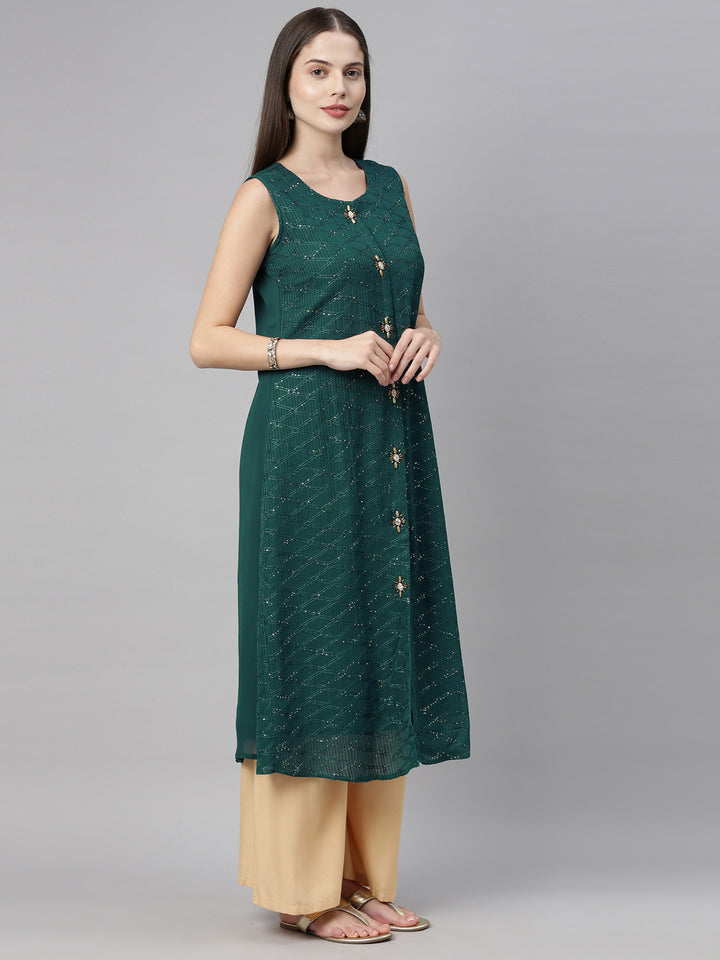 Neerus Green Embellished A Line Kurta