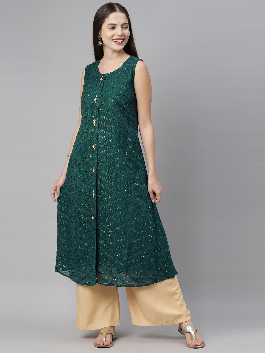Neerus Green Embellished A Line Kurta