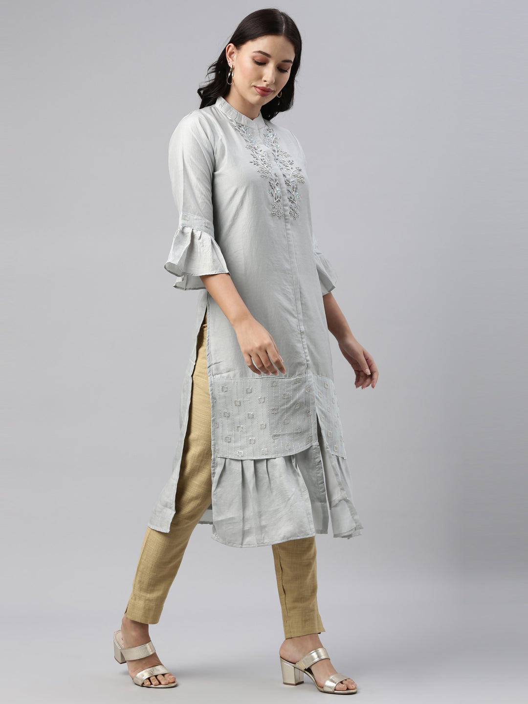 Neerus Grey Color Model Fabric Tunic