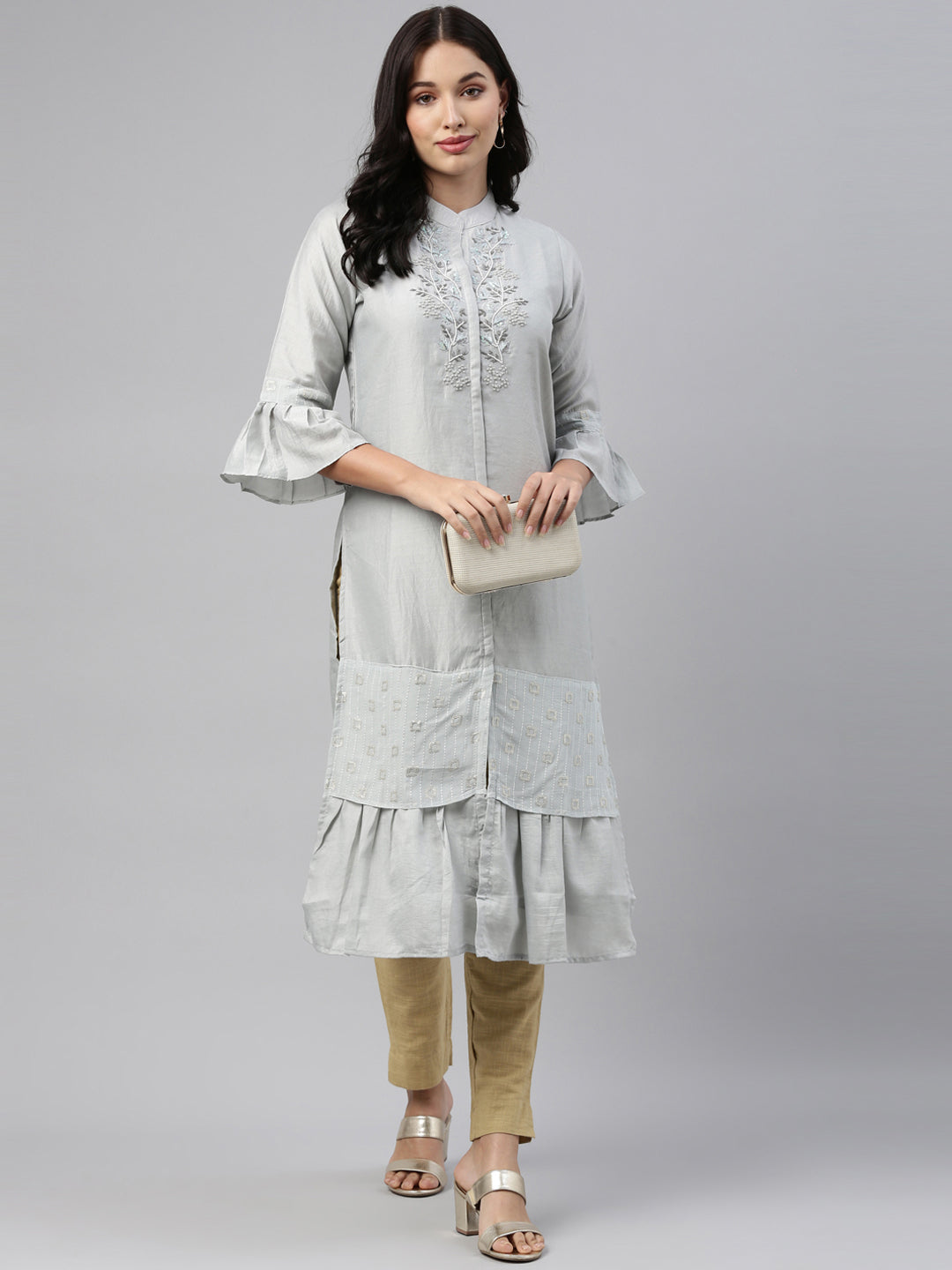 Neerus Grey Color Model Fabric Tunic