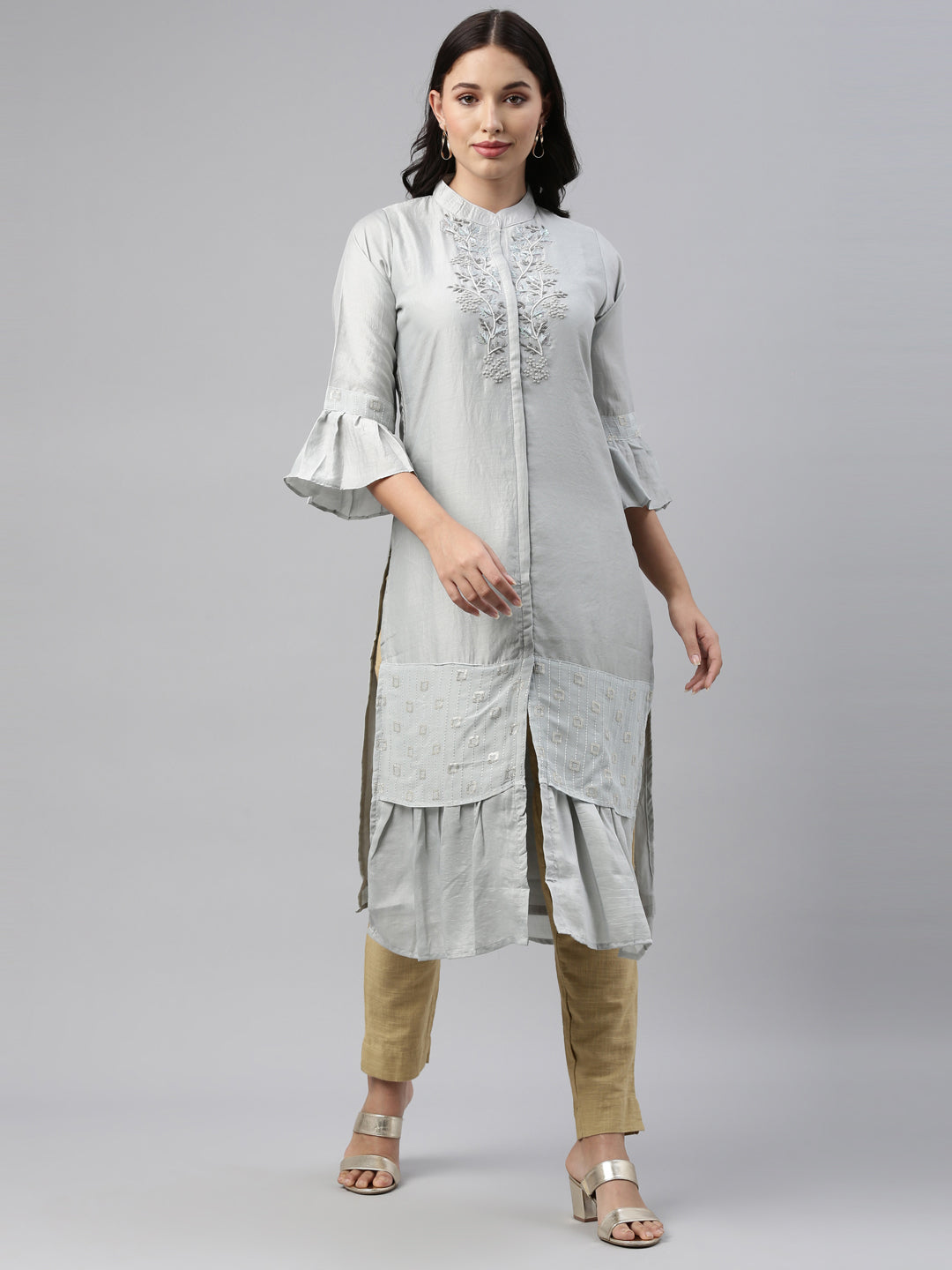 Neerus Grey Color Model Fabric Tunic