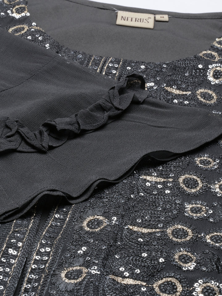 Neerus Grey georgette straight kurti - back view