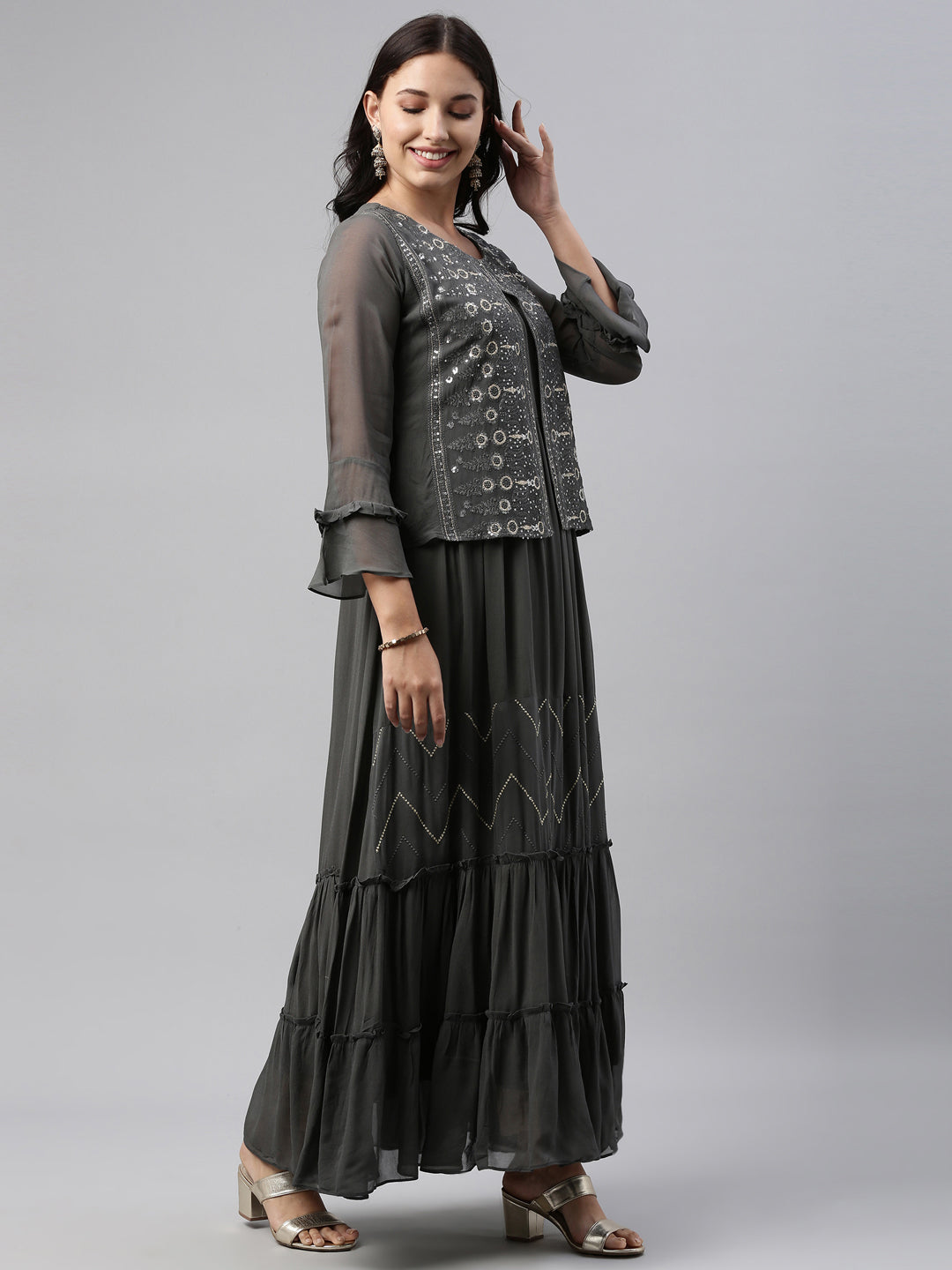 Neerus Grey georgette straight kurti - detail view 1