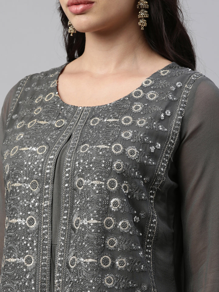 Neerus Grey georgette straight kurti - detail view 3