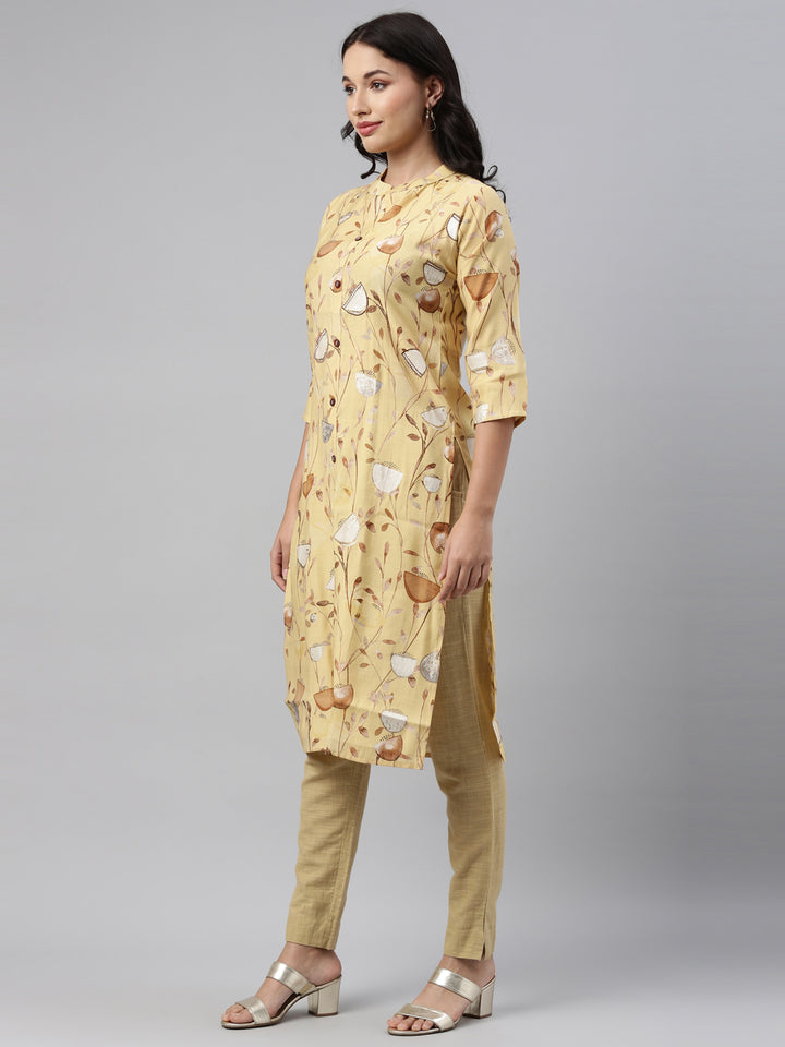 Neerus Yellow Color Muslin Fabric Tunic